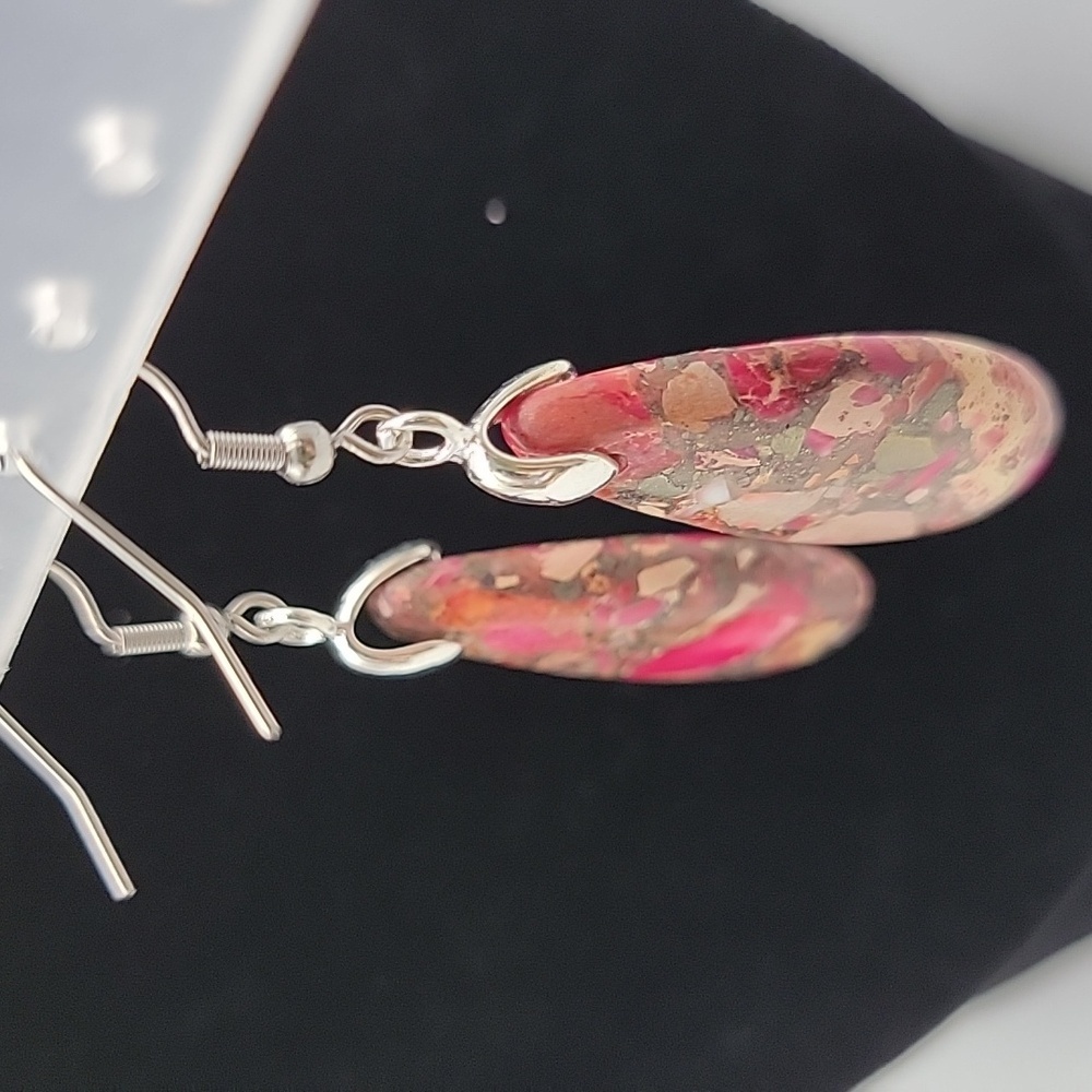 Ruby Orange Sea Sediment Jasper Pyrite Teardrop Pendant Earrings Gemstone - Picture 3 of 5